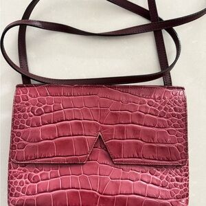 Vince Crocodile-Embossed Leather Burgundy Shoulder Bag